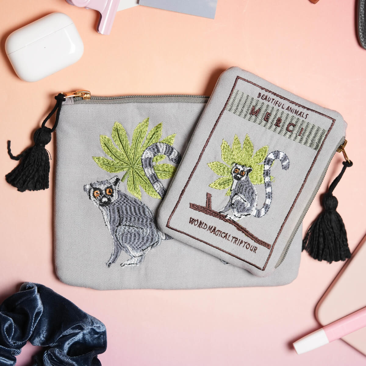 アニマル刺繍ポーチ(L)