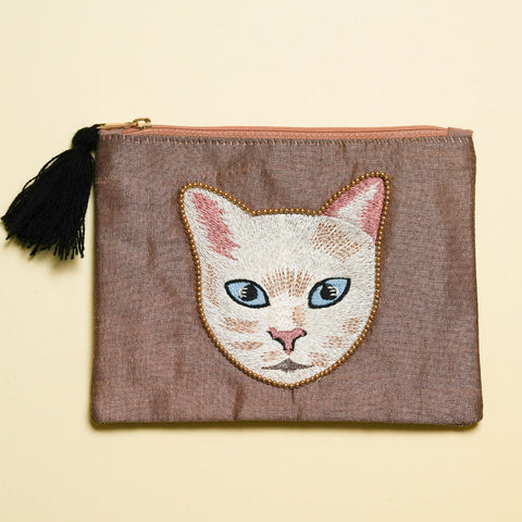Cat Embroidered Flat Pouch