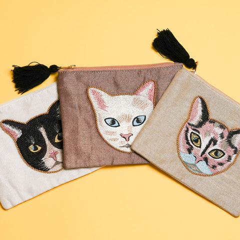 Cat Embroidered Flat Pouch